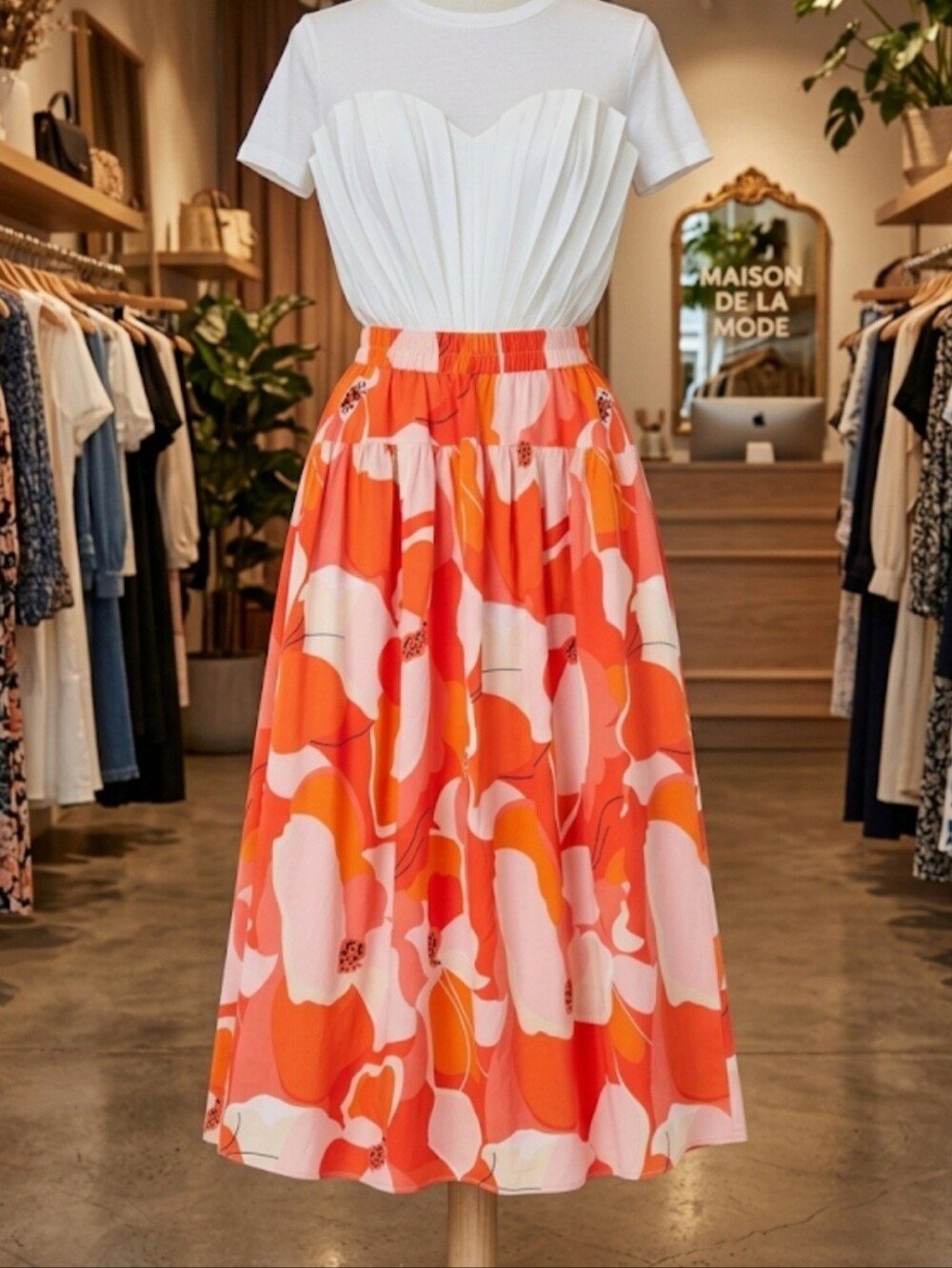 SHEIN Floral Midi Skirt Size S Orange Pink Vibrant Summer Beach Elastic Waist
